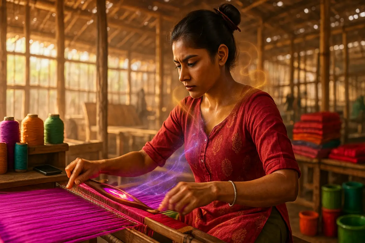ఎరుపు రంగు బ్లౌజ్ వేసుకున్న అమ్మాయి చేతినేత మగ్గంలో ఊదా రంగు దారంతో దృష్టి మరియు కాన్సంట్రేషన్‌తో పని చేస్తున్న దృశ్యం, వెనుక రంగురంగుల దారపుల్లలు మరియు సూర్య కాంతితో కూడిన వర్క్‌షాప్ వాతావరణం