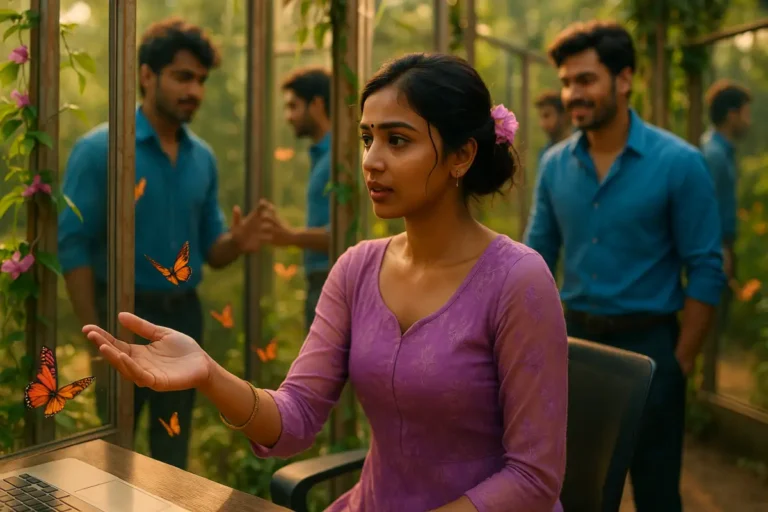 గులాబీ రంగు దుస్తులు వేసుకున్న యువతి చేతిలో రంగురంగుల సీతాకోక చిలుకలు, వెనుక నీలిరంగు చొక్కాలు వేసుకున్న యువకులు నిలబడి ఉన్న ప్రకృతి వేదిక