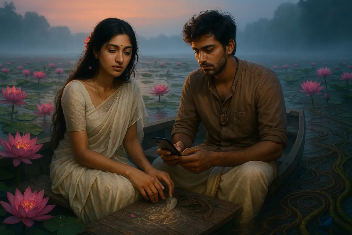 తామరలతో నిండి ఉన్న సరస్సులో బోటులో కూర్చొని, నిశ్శబ్దంగా ఒకే ఫోన్‌ చూసే యువ జంట — ప్రేమలోని మౌనం, దూరాలు మరియు ఎమోషనల్ విరామాన్ని చూపించే దృశ్యం