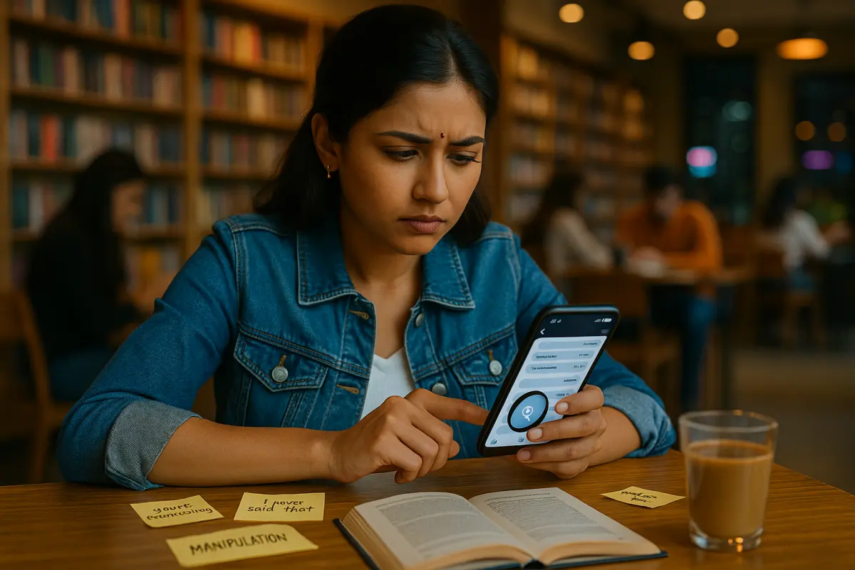 లైబ్రరీలో ఫోన్ చూస్తూ రీసెర్చ్ చేస్తున్న అమ్మాయి, టేబుల్‌పై "YOU'RE RECORDING", "I NEVER SAID THAT", "MANIPULATION" అని రాసిన స్టిక్కీ నోట్స్ మరియు ఓపెన్ బుక్‌తో కూడిన దృశ్యం
