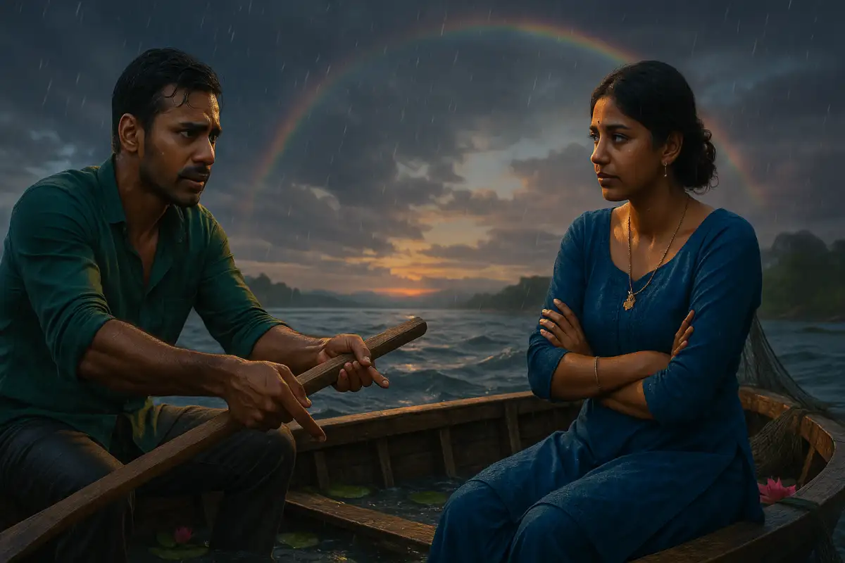 వర్షం తర్వాత ఇంద్రధనస్సు కనిపిస్తున్న సూర్యాస్తమయ వేళల్లో పడవలో కూర్చుని ఉన్న జంట, అబ్బాయి చేతిలో చెక్క కర్ర మరియు అమ్మాయి చేతులు కట్టుకుని ఆలోచనాత్మకంగా కనిపిస్తున్న దృశ్యం