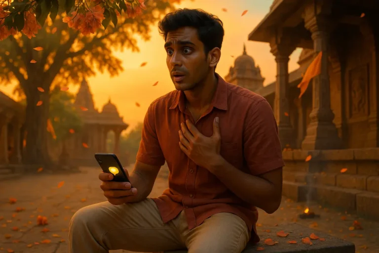 శ్చర్యంగా ఆమె మెసేజ్ చూశాక హార్ట్ బీట్ పెరిగిపోతున్న యువకుడు, పురాతన గుడి ప్రాంగణంలో అడవి చిగురుల వాన మధ్య భావోద్వేగంలో మునిగిపోయినట్టు కనిపిస్తున్నాడు.