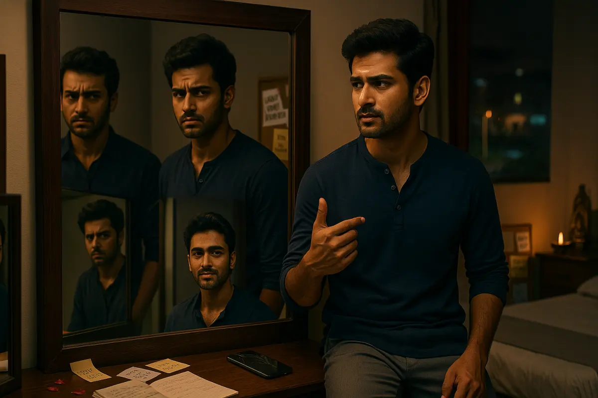 అద్దంలో తానెన్ని రకాలుగా కనిపిస్తున్నాడో చూసి గందరగోళంగా ఉన్న యువకుడు – మైండ్ గేమ్స్ వల్ల పెరిగిన సెల్ఫ్ డౌట్‌ను చూపించే ఎమోషనల్ సన్నివేశం.