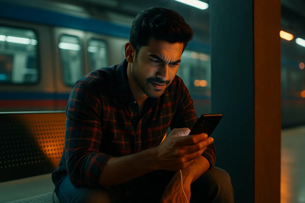 రాత్రి సబ్‌వే స్టేషన్‌లో కూర్చుని ఫోన్ చూస్తూ టెన్షన్‌తో ఆలోచిస్తున్న వ్యక్తి, వెనుక ఖాళీ ట్రైన్ కంపార్ట్‌మెంట్‌లు కనిపిస్తున్న దృశ్యం
