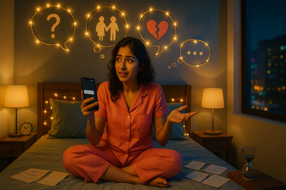 బెడ్‌రూమ్‌లో పైజామాలో కూర్చుని ఫోన్ చూస్తూ కన్ఫ్యూజన్‌లో ఉన్న అమ్మాయి, తల మీద వేరువేరు థాట్ బబుల్స్‌తో - ప్రశ్న గుర్తు, కపుల్ ఐకాన్, బ్రోకెన్ హార్ట్, డాట్స్