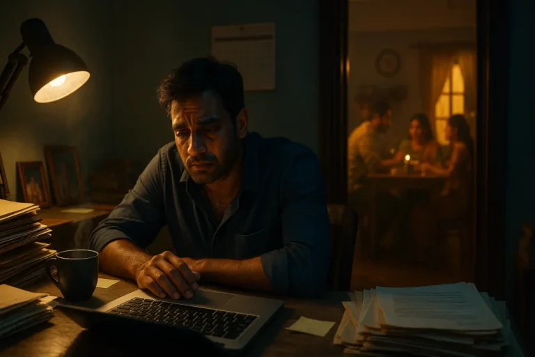అలసిపోయిన వ్యక్తి రాత్రి ఆఫీస్‌లో లేదా ఇంట్లో లాప్‌టాప్ ముందు కూర్చుని పని చేస్తూ, టేబుల్ లాంప్ వెలుగులో కాఫీ కప్పు మరియు పేపర్లతో కనిపిస్తున్న దృశ్యం.