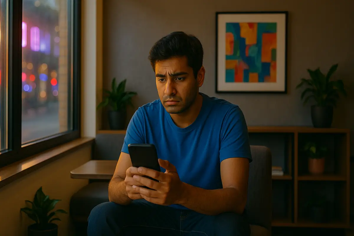 రాత్రి వేళల్లో ఫోన్ చూస్తూ ఆలోచనలో మునిగిపోయిన యువకుడు, వెనుక మాడర్న్ అపార్ట్‌మెంట్ సెట్టింగ్‌లో విండో దగ్గర కూర్చుని ఉన్న దృశ్యం