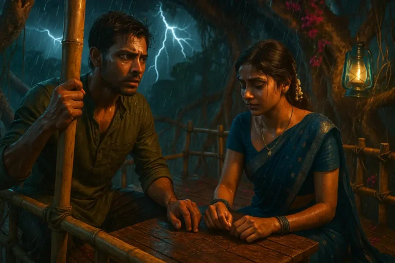 వర్షం మరియు మెరుపులతో కూడిన రాత్రి వేళల్లో, టెన్షన్‌తో కూర్చుని ఉన్న యువజంట చేతుల మధ్య లాంతరు వెలుగులో గంభీర సంభాషణలో మునిగిపోయిన దృశ్యం