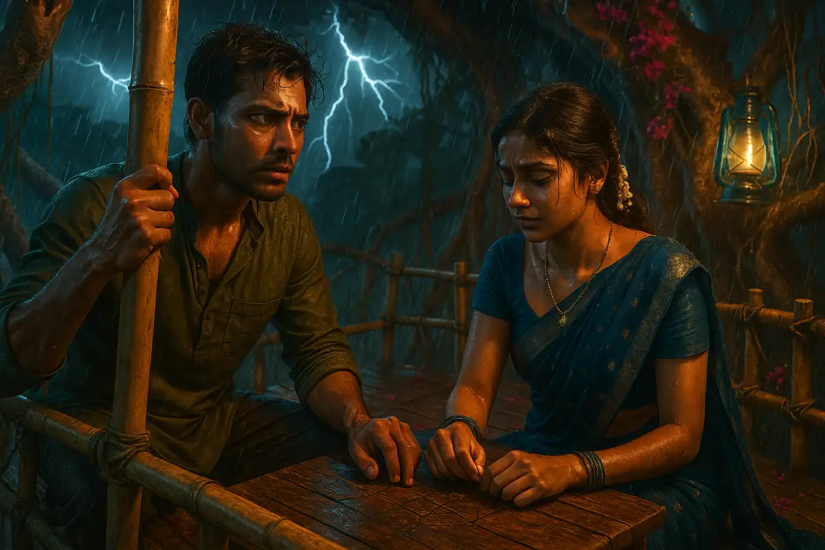 వర్షం మరియు మెరుపులతో కూడిన రాత్రి వేళల్లో, టెన్షన్‌తో కూర్చుని ఉన్న యువజంట చేతుల మధ్య లాంతరు వెలుగులో గంభీర సంభాషణలో మునిగిపోయిన దృశ్యం