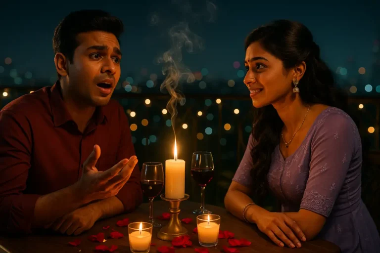 రొమాంటిక్ డిన్నర్ సెట్టింగ్‌లో మెరూన్ చొక్కా వేసుకున్న అబ్బాయి హ్యాండ్ జెస్చర్లతో ఉత్సాహంగా మాట్లాడుతూ, లైట్ పర్పుల్ దుస్తులు వేసుకున్న అమ్మాయి నవ్వుతూ విని ఉన్న దృశ్యం, టేబుల్‌పై క్యాండిల్స్ మరియు వైన్ గ్లాసెస్‌తో