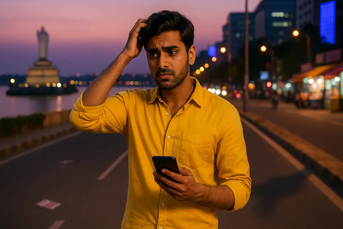 సిటీ స్కైలైన్ బ్యాక్‌గ్రౌండ్‌లో తల చేతితో పట్టుకుని ఫోన్ చూస్తూ కన్ఫ్యూజన్‌లో ఉన్న వ్యక్తి, సాయంత్రం వేళల రోడ్డుపై నిలబడిన దృశ్యం