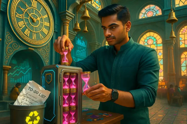 ఓ యువకుడు టైం బ్యాంక్‌లా పింక్ అవర్ గ్లాసెస్‌ని సెట్ చేస్తూ, రీసైకిల్ బిన్‌లో టూదూ లిస్ట్ వేసిన విజువల్. వెనుక టైం టెంపుల్ లాంటి వాతావరణం.