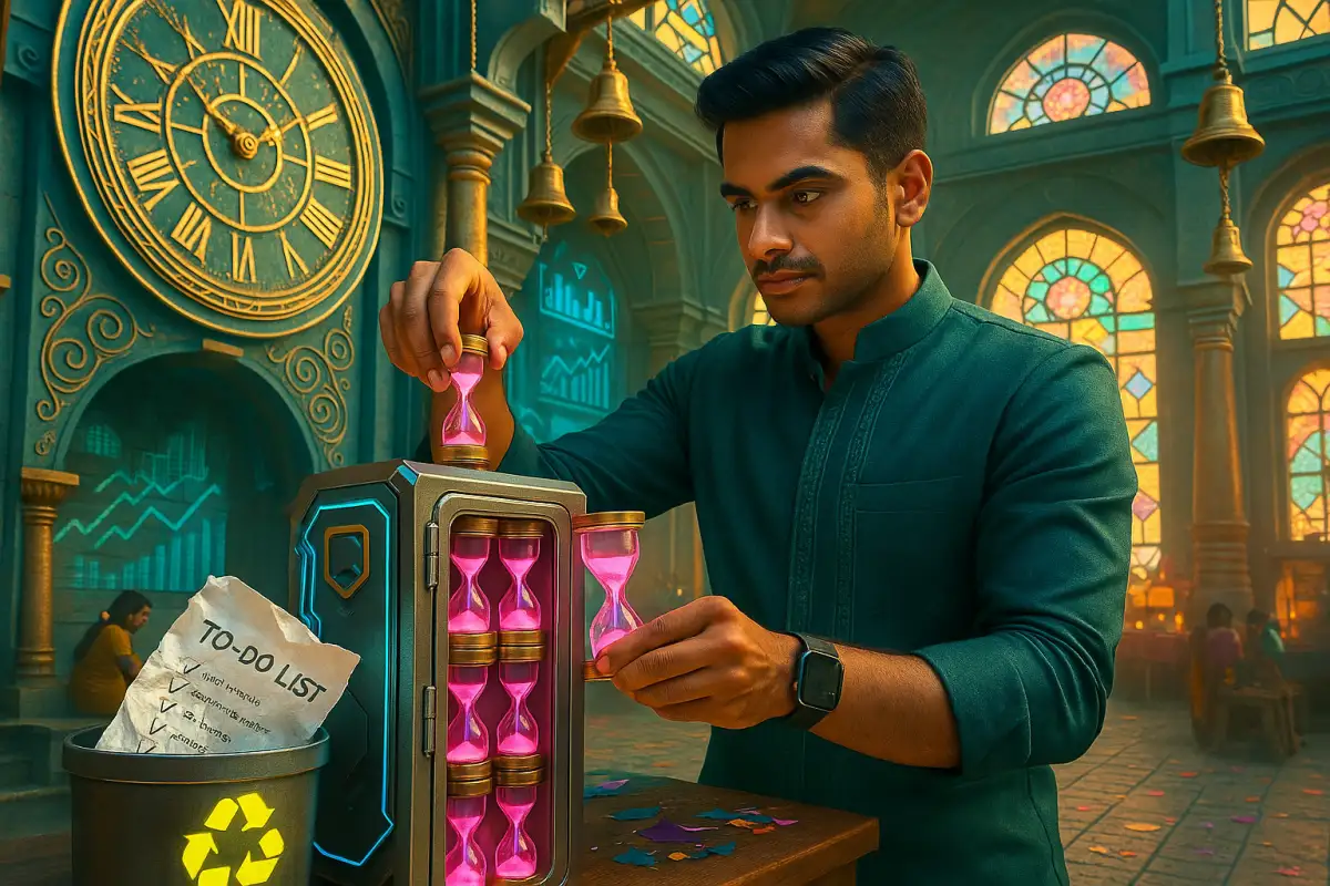 ఓ యువకుడు టైం బ్యాంక్‌లా పింక్ అవర్ గ్లాసెస్‌ని సెట్ చేస్తూ, రీసైకిల్ బిన్‌లో టూదూ లిస్ట్ వేసిన విజువల్. వెనుక టైం టెంపుల్ లాంటి వాతావరణం.