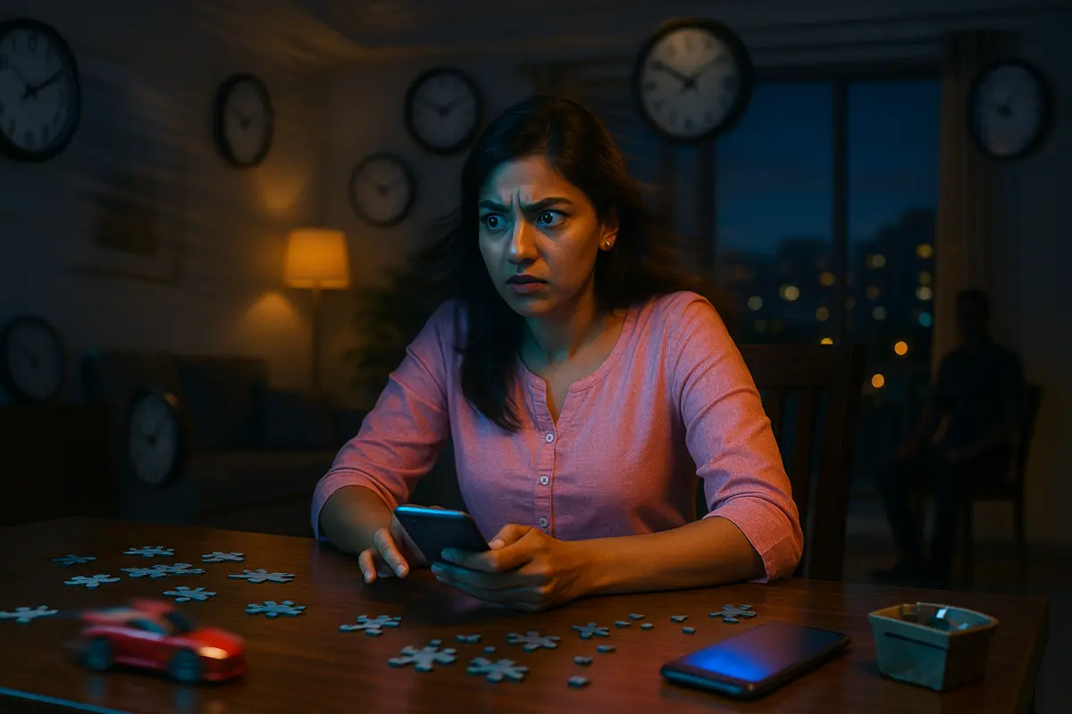 "ఫోన్‌లో మెసేజ్‌కి రిప్లై రాకపోవడంతో ఆందోళనగా కూర్చున్న యువతి – టెక్స్టింగ్ ఆంక్షైటీ, మైండ్ రేసింగ్ సింబల్"