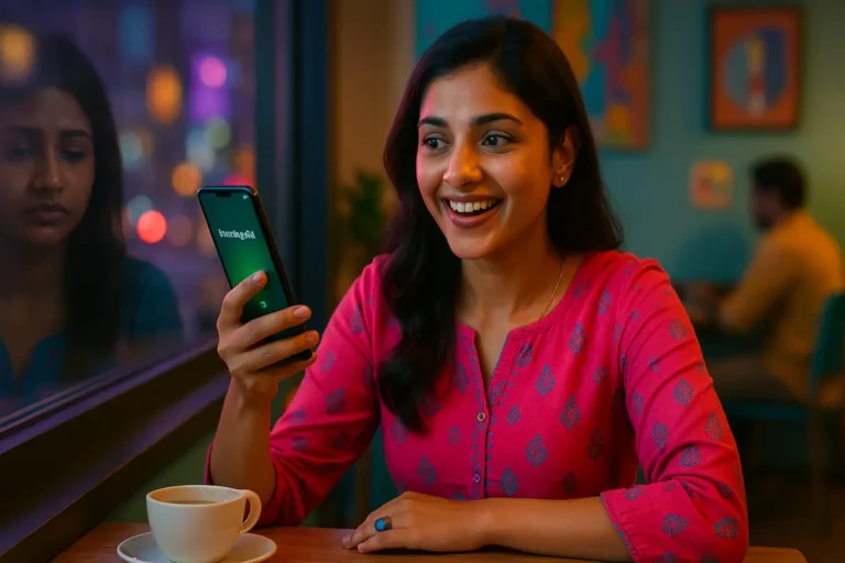 కేఫ్‌లో కూర్చుని ఫోన్ నోటిఫికేషన్ చూసి ఉత్సాహంగా నవ్వుతున్న అమ్మాయి, వెనుక కాఫీ కప్ మరియు రంగురంగుల లైట్లతో కూడిన వాతావరణంలో