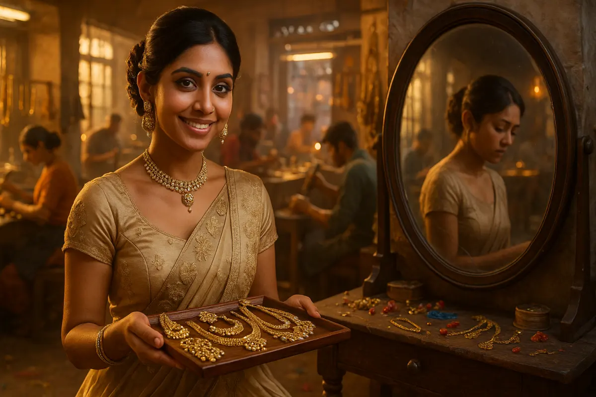 ఒక యువతి వెలుపల చిరునవ్వుతో బంగారు ఆభరణాలను చూపిస్తుండగా, ఆమె ప్రతిబింబంలో మాత్రం ఓ శూన్యమైన, మౌనమైన బాధ కనిపించే చిత్ర దృశ్యం.