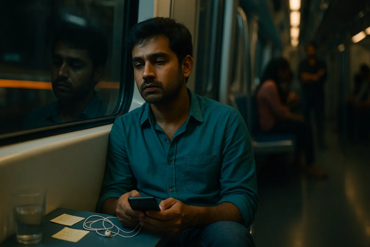 మెట్రో రైలు కిటికీ పక్కన కూర్చుని, ఫోన్ పట్టుకుని, లోతైన ఆలోచనల్లో మునిగిపోయిన యువకుడు – ఓవర్‌థింకింగ్‌తో సైలెంట్‌గా బాధపడుతున్న సన్నివేశం.