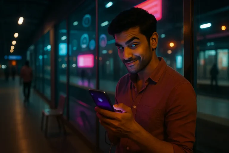 "సోషల్ మీడియా స్టోరీ వ్యూస్ చూసి స్మార్ట్‌ఫోన్‌లో కుతూహలంగా చూస్తున్న యువకుడు – ఇన్‌స్టా మైండ్ గేమ్స్ సింబల్"