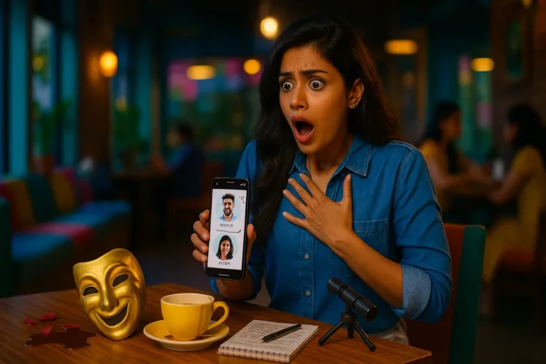 "రాత్రి రెడ్ లైట్‌లో ఫోన్ కాల్ చూస్తూ కన్‌ఫ్యూజ్ అయిన యువకుడు, అద్దంలో భయపడి తనని తానే చూడటం – టాక్సిక్ అట్రాక్షన్ ఎమోషనల్ కన్ఫ్యూజన్"