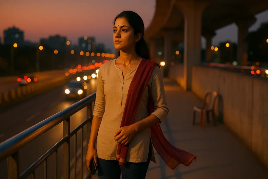 "సాయంత్రం నగర వీధుల్లో నడుస్తూ మొబైల్ పట్టుకున్న యువతి – బౌండరీస్ పెట్టుకోవటం తప్పు కాదని గుర్తు చేసుకుంటూ"