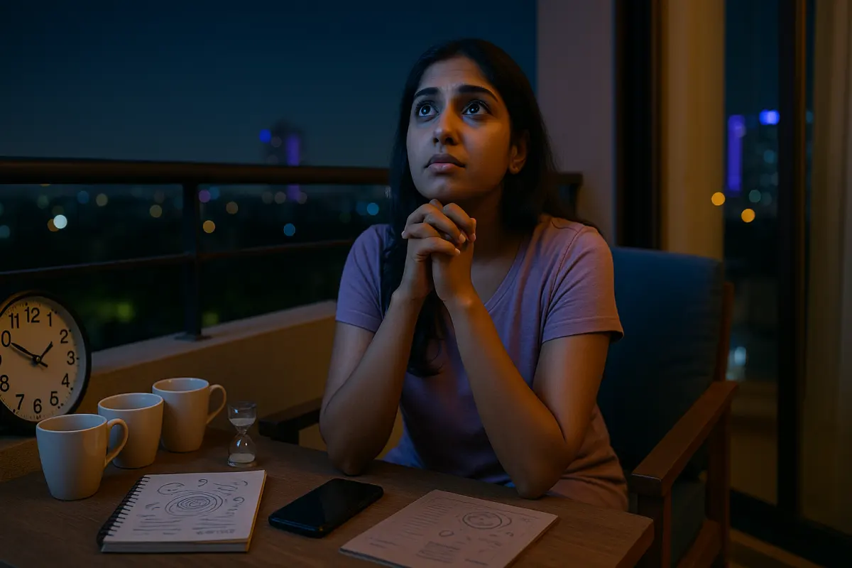 రాత్రి వేళల్లో అపార్ట్‌మెంట్‌లో కూర్చుని ఆలోచనలో మునిగిన అమ్మాయి, టేబుల్‌పై గంట, మల్టిపుల్ కాఫీ కప్పులు, నోట్స్ మరియు హౌర్‌గ్లాస్‌తో కూడిన దృశ్యం