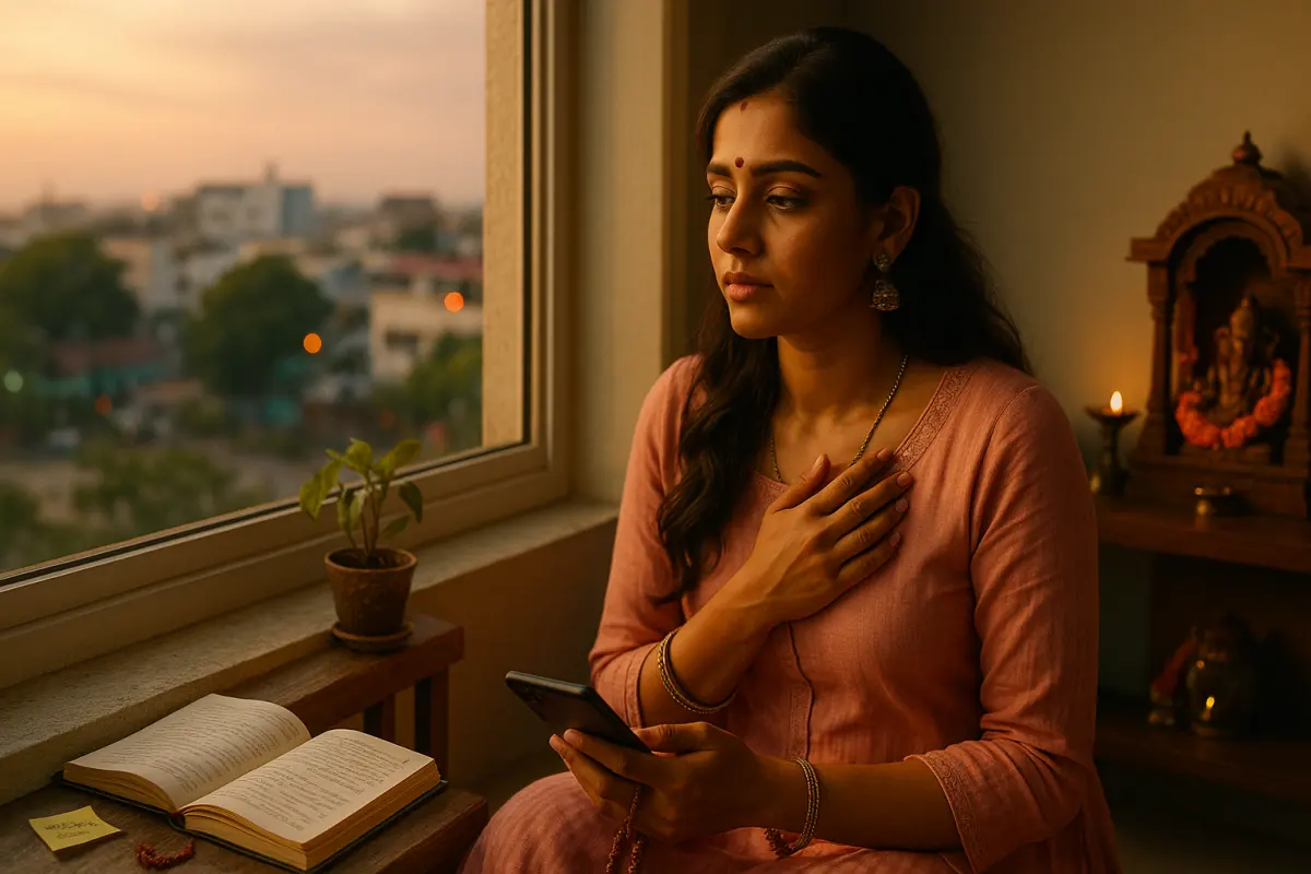 సూర్యాస్తమయ వేళల్లో విండో దగ్గర కూర్చుని చేతిని గుండె మీద వేసుకుని ఆలోచనలో మునిగిన అమ్మాయి, చుట్టూ పుస్తకం మరియు దీపంతో కూడిన ప్రశాంత వాతావరణంలో