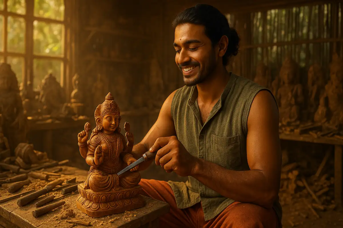 ఆలివ్ గ్రీన్ వస్త్రం వేసుకున్న కళాకారుడు వర్క్‌షాప్‌లో గణేశ మూర్తిని చెక్కుతూ పూర్తిగా దృష్టి కేంద్రీకరించి ఉన్న దృశ్యం, వెనుక సూర్య కాంతితో మరియు చెక్క పనిముట్లతో కూడిన ట్రెడిషనల్ కార్వింగ్ వాతావరణం