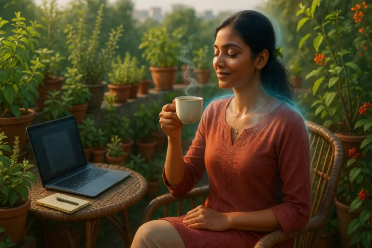 ఆరెంజ్ రంగు టాప్ వేసుకున్న అమ్మాయి గార్డెన్‌లో కూర్చుని కాఫీ తాగుతూ రిలాక్స్ అవుతున్న దృశ్యం, వెనుక లాప్‌టాప్ మరియు నోట్‌బుక్‌తో వర్క్ సెటప్, చుట్టూ పచ్చని మొక్కలు మరియు పూలతో కూడిన ప్రకృతి వాతావరణం