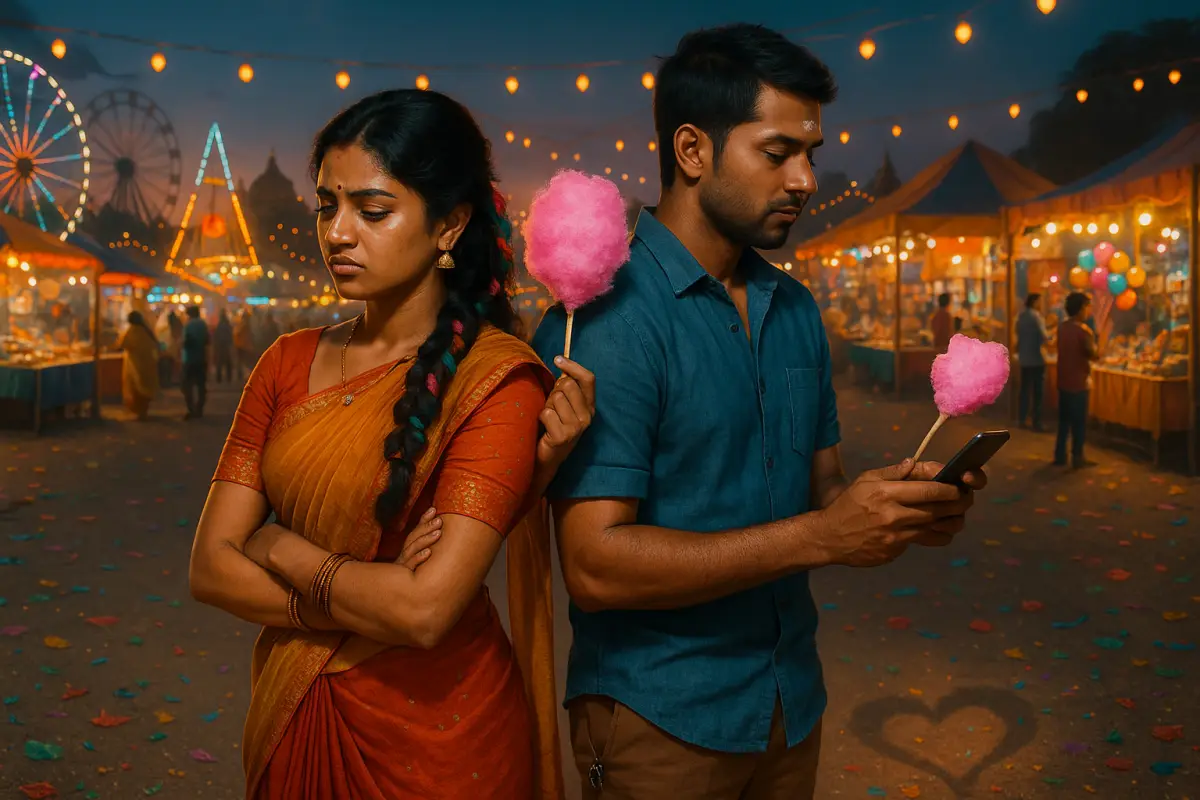 కార్నివల్ వెలుగుల్లో, చిలిపి గొడవ తర్వాత మొహం తిరిగిన ప్రేమ జంట. ఇద్దరూ చేతిలో శుగర్ కాండీ పట్టుకొని మౌనం పాటిస్తున్నారు.