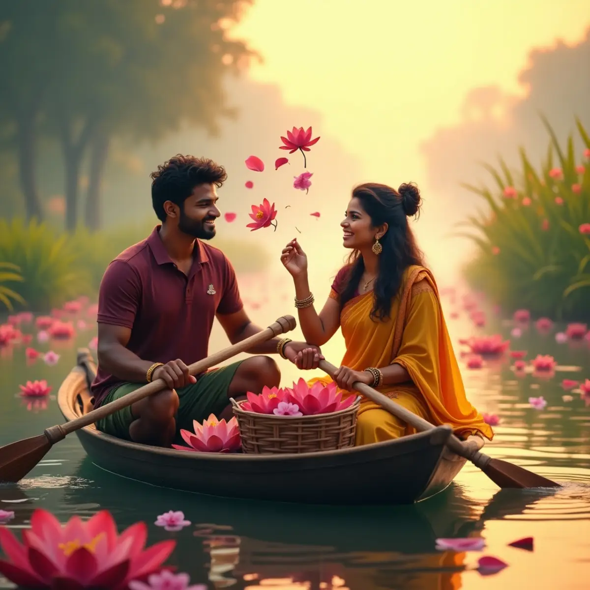 మెరూన్ షర్ట్ వేసుకున్న అబ్బాయి మరియు పసుపు చీర కట్టుకున్న అమ్మాయి కలిసి పడవలో కూర్చుని లోటస్ పూలతో ఆట ఆడుతూ నవ్వుతున్న దృశ్యం, వెనుక తామర పూలతో నిండిన సరస్సు మరియు సూర్యాస్తమయ వేళల వాతావరణంలో