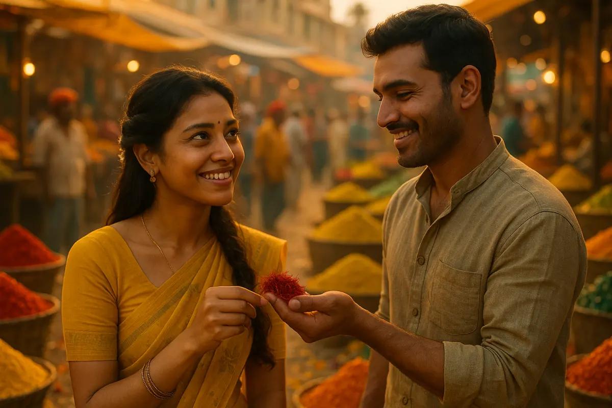 బజార్ మధ్యలో పసుపు రంగు చీరకట్టుతో చిరునవ్వు బహుమతిగా ఇచ్చే అమ్మాయి, తన ముద్దుబోతుతో కలసి చిన్న మసాలా గుళికను పంచుకుంటూ కనెక్ట్ అవుతోంది.