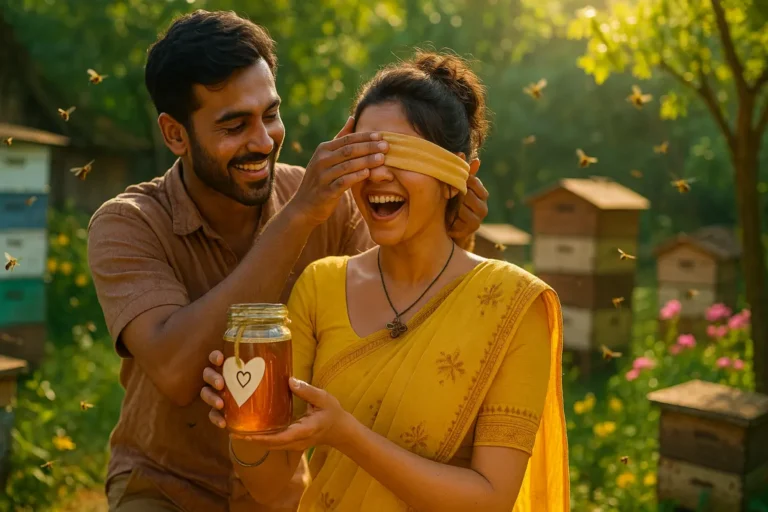 పసుపు రంగు చీర కట్టుకున్న అమ్మాయి కళ్ళు మూసుకుని నవ్వుతుండగా, అబ్బాయి ఆమె వెనుక నుంచి కళ్ళు కప్పి తేనె జారుతో సర్‌ప్రైజ్ ఇస్తున్న దృశ్యం, వెనుక తేనెటీగలు ఎగురుతున్న ప్రకృతి వేదిక