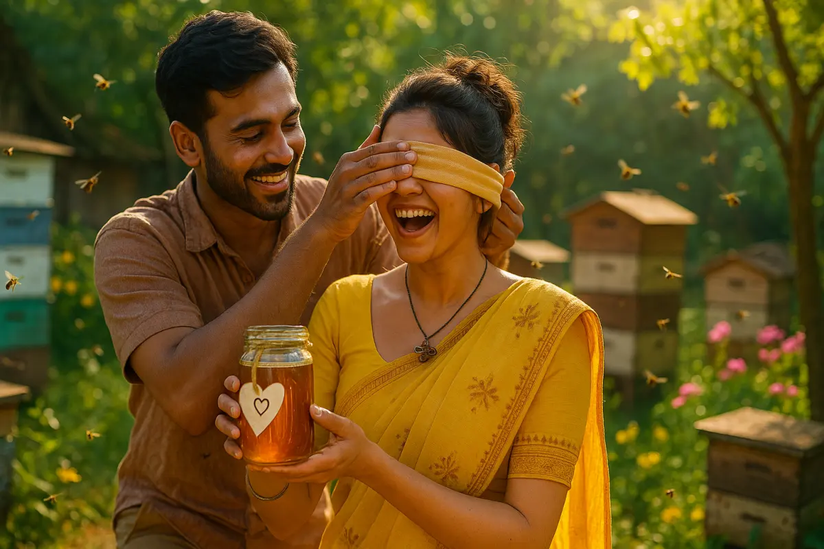 పసుపు రంగు చీర కట్టుకున్న అమ్మాయి కళ్ళు మూసుకుని నవ్వుతుండగా, అబ్బాయి ఆమె వెనుక నుంచి కళ్ళు కప్పి తేనె జారుతో సర్‌ప్రైజ్ ఇస్తున్న దృశ్యం, వెనుక తేనెటీగలు ఎగురుతున్న ప్రకృతి వేదిక