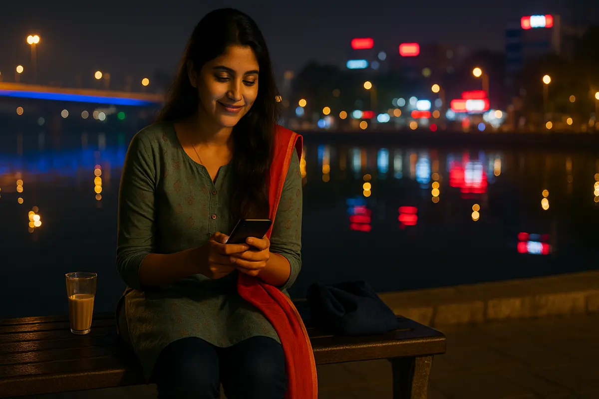 రాత్రి సిటీ వ్యూ దగ్గర బెంచ్‌పై కూర్చుని ఫోన్ చూస్తూ మెల్లగా నవ్వుతున్న అమ్మాయి, వెనుక రంగురంగుల లైట్లు మరియు చాయ్ గ్లాస్‌తో కూడిన దృశ్యం