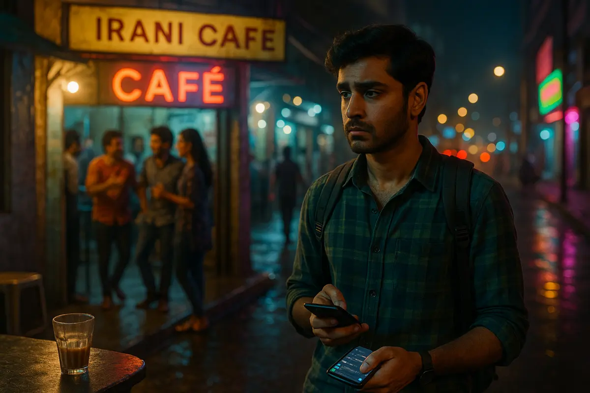 "రాత్రి కేఫే బయట మొబైల్ చూస్తూ టెన్షన్‌లో నిల్చున్న యువకుడు, వెనక స్నేహితులు నవ్వుతూ మాట్లాడుతుండగా – సోషల్ ప్రెషర్ వల్ల ఫోమో ఫీలింగ్"