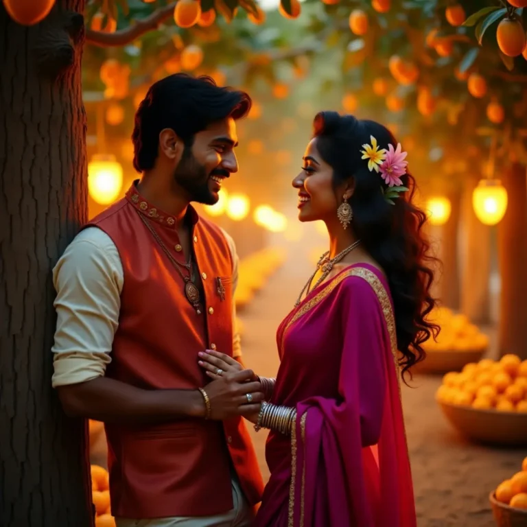 ఎరుపు రంగు నేహ్రూ జాకెట్ వేసుకున్న అబ్బాయి మరియు ఊదా రంగు చీర కట్టుకున్న అమ్మాయి కలిసి రొమాంటిక్‌గా చూసుకుంటూ నవ్వుతున్న దృశ్యం, వెనుక నారింజ చెట్ల మరియు వెచ్చని లైటింగ్‌తో కూడిన ఫెస్టివల్ వాతావరణంలో