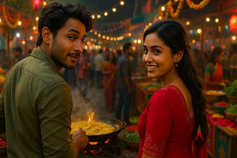 ఫెస్టివల్ వాతావరణంలో ఆలివ్ గ్రీన్ షర్ట్ వేసుకున్న అబ్బాయి మరియు ఎరుపు దుస్తులు వేసుకున్న అమ్మాయి కలిసి నవ్వుతూ ఐ కాంటాక్ట్ చేసుకుంటున్న దృశ్యం, వెనుక రంగురంగుల లైట్లు మరియు స్ట్రీట్ ఫుడ్ స్టాల్స్