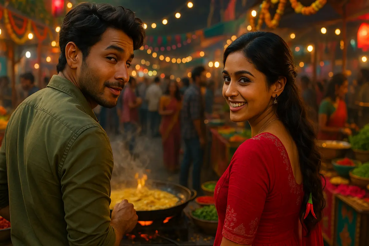 ఫెస్టివల్ వాతావరణంలో ఆలివ్ గ్రీన్ షర్ట్ వేసుకున్న అబ్బాయి మరియు ఎరుపు దుస్తులు వేసుకున్న అమ్మాయి కలిసి నవ్వుతూ ఐ కాంటాక్ట్ చేసుకుంటున్న దృశ్యం, వెనుక రంగురంగుల లైట్లు మరియు స్ట్రీట్ ఫుడ్ స్టాల్స్