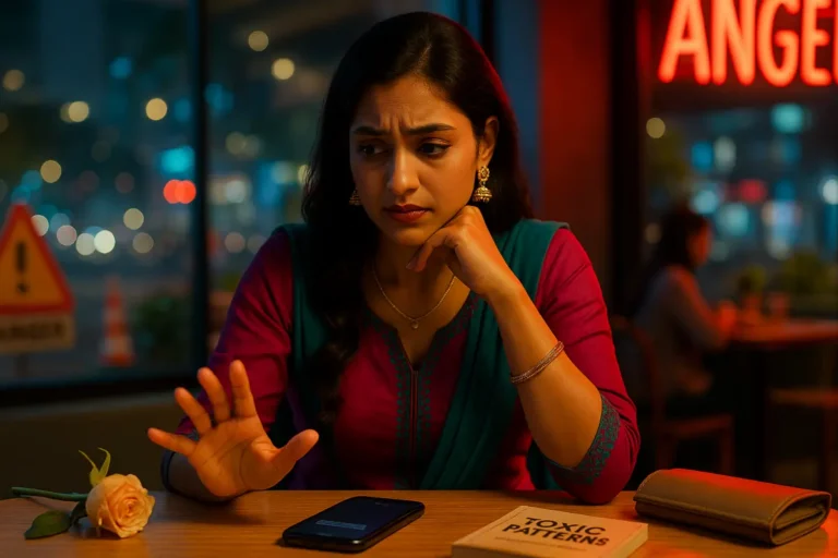 రాత్రి కేఫ్‌లో కూర్చుని "టాక్సిక్ పాటర్న్స్" పుస్తకం దగ్గర చేతితో తల పట్టుకుని కన్ఫ్యూజన్‌లో ఉన్న అమ్మాయి, టేబుల్‌పై ఫోన్ మరియు గులాబీ పూవుతో కూడిన దృశ్యం