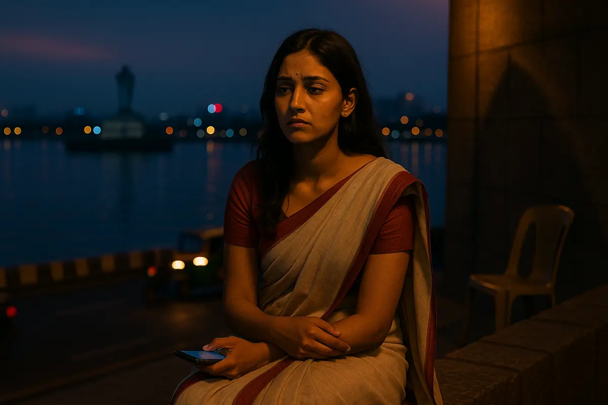 "హుస్సేన్ సాగర్ దగ్గర రాత్రి సమయంలో సారీ ధరించి ఫోన్ పట్టుకుని బాధగా కూర్చున్న యువతి – రిలేషన్‌షిప్ లేకపోయినా వదలలేక స్టక్ అయిన భావన"