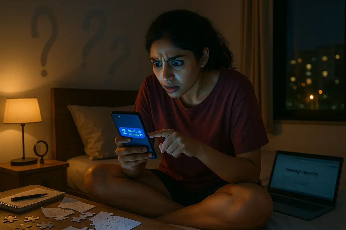 "రాత్రి గదిలో బెడ్‌పై కూర్చుని ఫోన్‌లో డెలీట్ చేసిన మెసేజ్ చూసి షాక్‌తో ఉన్న యువతి – టెక్స్ట్ డిలీషన్ అనుమానాలు"
