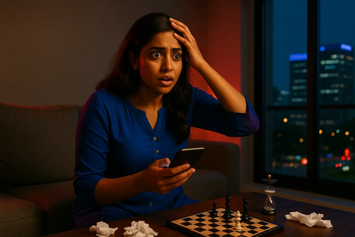 రాత్రి వేళల్లో ఫోన్ చూసి షాక్‌లో చేతితో తల పట్టుకున్న అమ్మాయి, ముందు చెస్ బోర్డ్ మరియు హౌర్‌గ్లాస్‌తో కూడిన టేబుల్‌పై కూర్చుని ఉన్న దృశ్యం