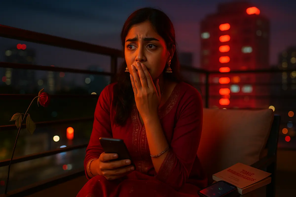 రాత్రి బాల్కనీలో ఫోన్ చూస్తూ షాక్‌లో చేతితో నోరు కప్పుకున్న అమ్మాయి, వెనుక రెడ్ లైట్లతో కూడిన సిటీ వ్యూ
