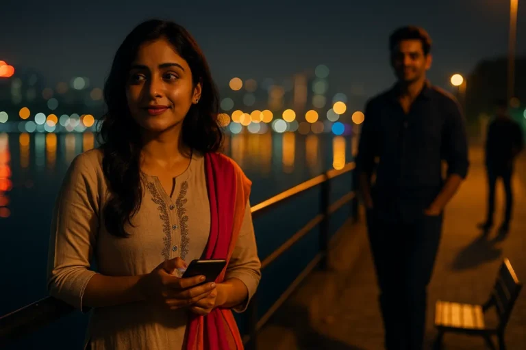 "రాత్రి సిటీ లైట్స్ మధ్య ఫోన్ పట్టుకుని స్వల్పంగా నవ్వుతున్న యువతి, వెనక షాడోలో నిల్చున్న వ్యక్తి – టాక్సిక్ అట్రాక్షన్ ఎమోషనల్ కన్ఫ్యూజన్"