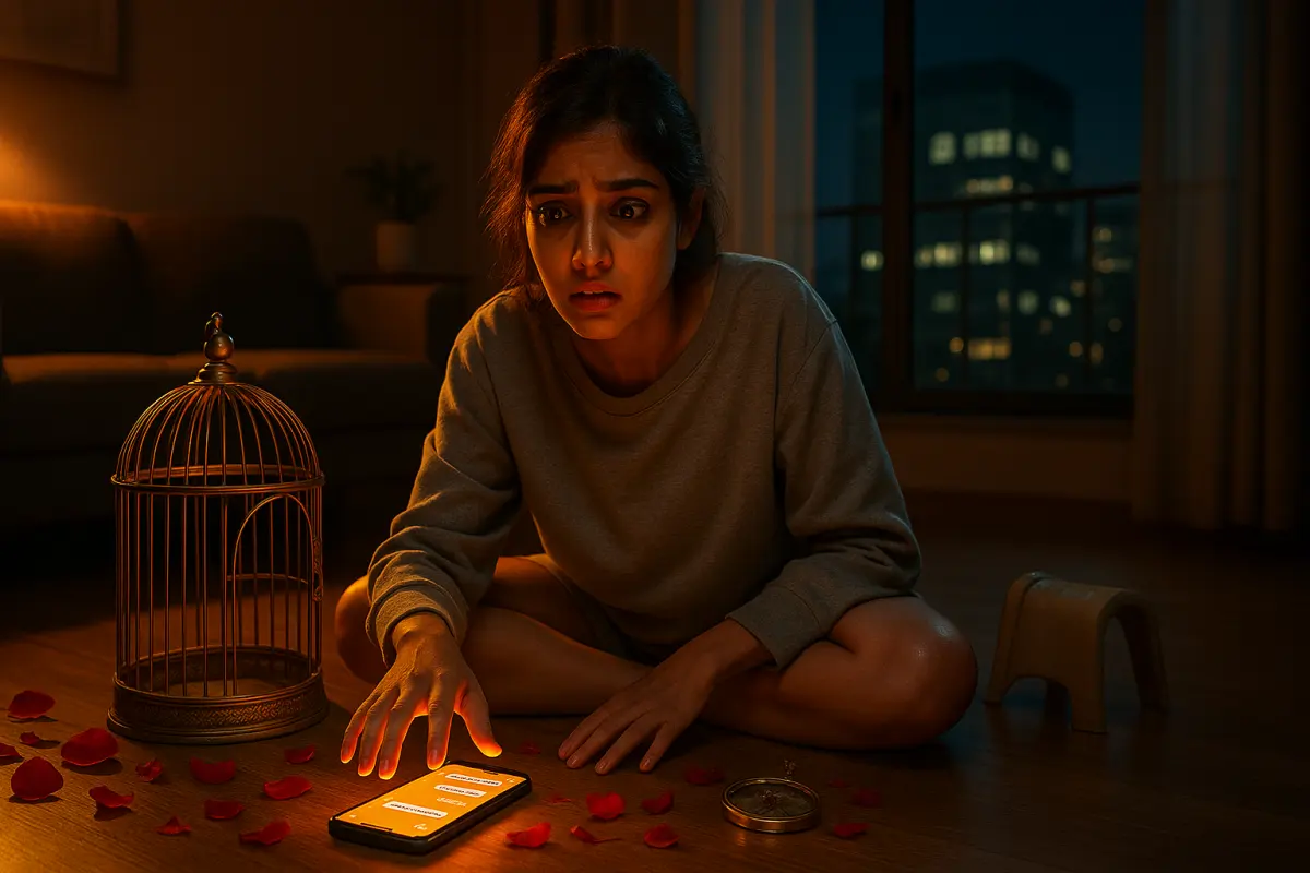 "రాత్రి గదిలో నేలపై కూర్చుని ఫోన్ చూస్తూ భయంతో ఉన్న యువతి, పక్కన ఖాళీ పింజరం – ఎమోషనల్ ట్రాప్ సింబల్"