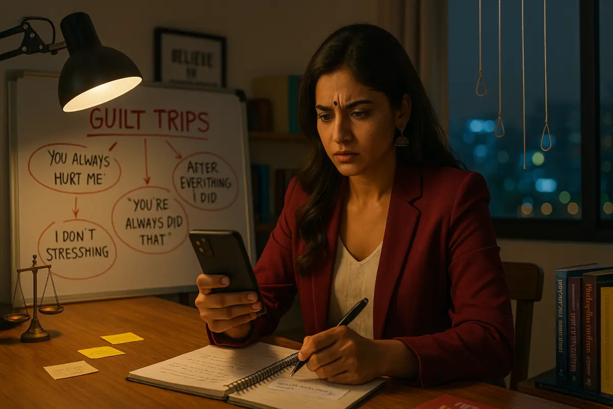 గిల్ట్‌ ట్రిప్స్‌ గురించి నోట్స్ రాసుకుంటూ, ఫోన్‌లో వచ్చిన మెసేజ్‌ చూసి ఆందోళనగా ఉన్న యువతి – గిల్ట్‌ ద్వారా మానిప్యులేషన్‌ ఎలా జరుగుతుందో చూపించే సన్నివేశం.