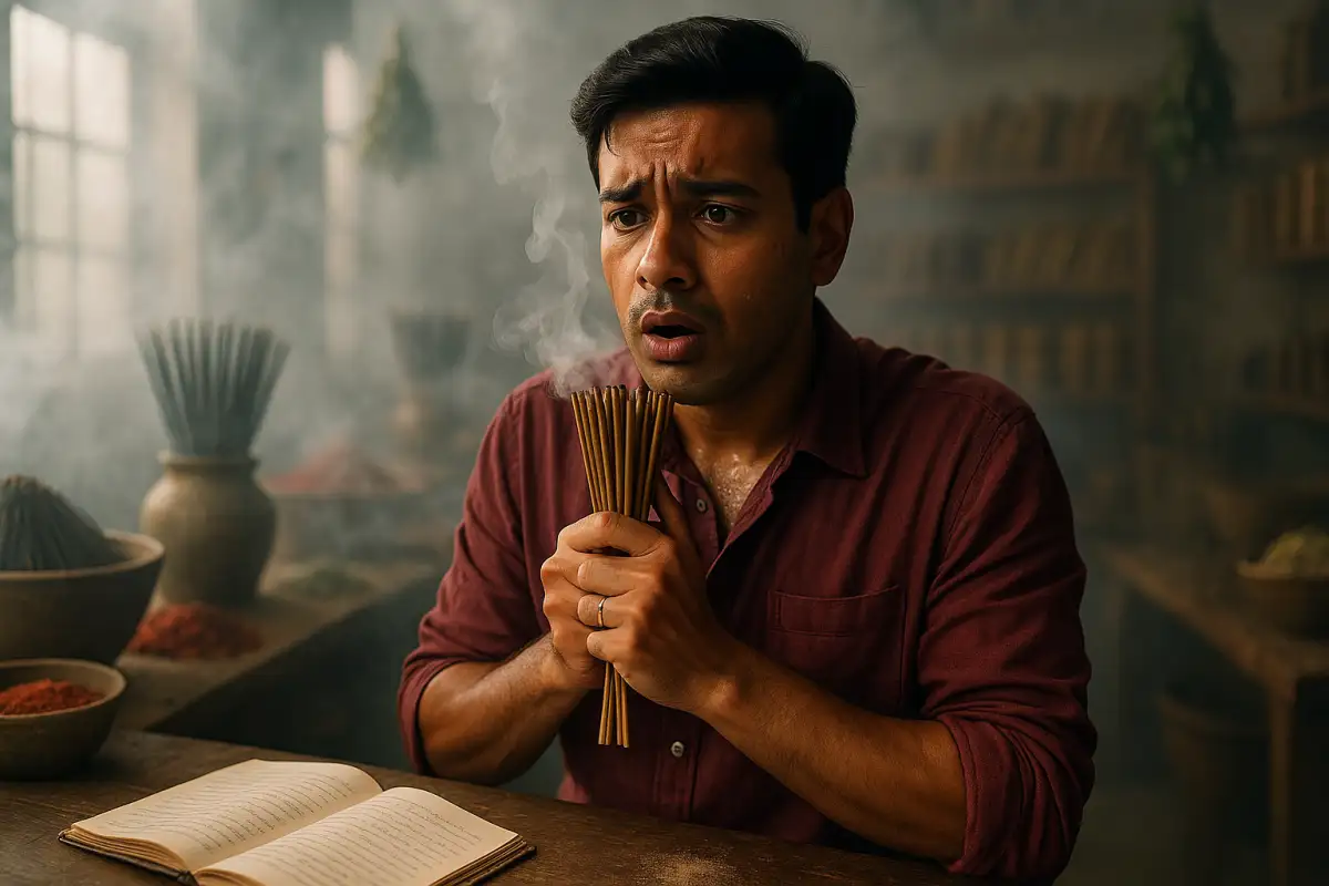 మెరూన్ రంగు చొక్కా వేసుకున్న యువకుడు చేతిలో అగర్‌బత్తీలు పట్టుకుని ఆలోచనాత్మకంగా కూర్చుని ఉన్న దృశ్యం, వెనుక పుస్తకం మరియు పూజా సామగ్రి కనిపిస్తున్న ఆధ్యాత్మిక వాతావరణంలో