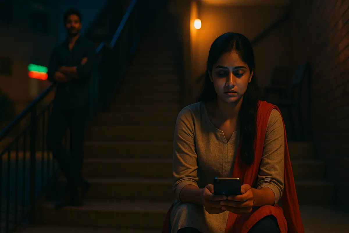 రాత్రి మెట్లు దగ్గర కూర్చుని ఫోన్‌కి చూస్తూ ఎమోషనల్‌గా బాధపడుతున్న యువతి. వెనక నీడలా నిల్చున్న వ్యక్తి ఆమెపై మానసిక ఆధిపత్యం చూపిస్తున్నట్టుంది.