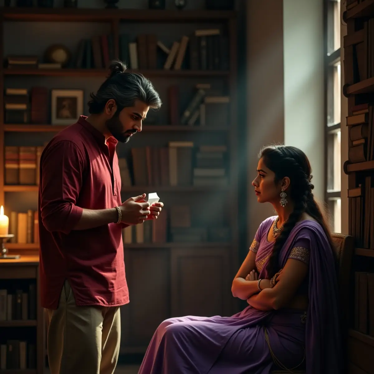 లైబ్రరీలో మెరూన్ రంగు చొక్కా వేసుకున్న అబ్బాయి చేతిలో కాఫీ కప్పు పట్టుకుని నిలబడి, వెలుపు చీర కట్టుకున్న అమ్మాయి చేతులు కట్టుకుని కూర్చుని ఉన్న టెన్షన్ సీన్, వెనుక పుస్తకాలతో కూడిన ఇంటెలెక్చువల్ వాతావరణం