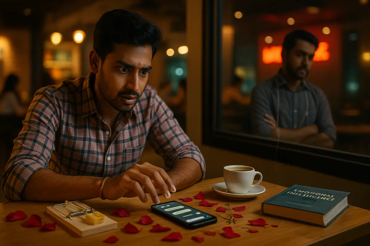 కాఫీ టేబుల్ దగ్గర ఫోన్‌లో మెసేజ్‌లను టెన్షన్‌గా చూస్తున్న యువకుడు. పక్కన "Emotional Insecurities" పుస్తకం, మౌస్ ట్రాప్, రోజా రేకులు – ఇవన్నీ మానిప్యులేషన్ ట్రాప్ సింబల్స్‌లా చూపిస్తున్నాయి.